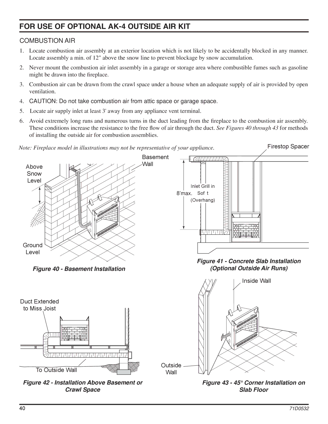 Monessen Hearth DFS42PVC, DFS36NVC, DFS42NVC, DFS32NVC, DFS32PVC For USE of Optional AK-4 Outside AIR KIT, Combustion AIR 