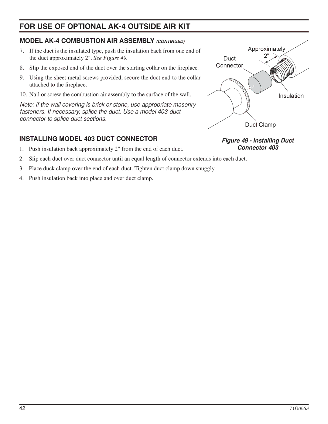Monessen Hearth DFS36NVC, DFS42NVC, DFS32NVC, DFS32PVC, DFS42PVC, DFS36PVC manual Installing Model 403 Duct Connector 