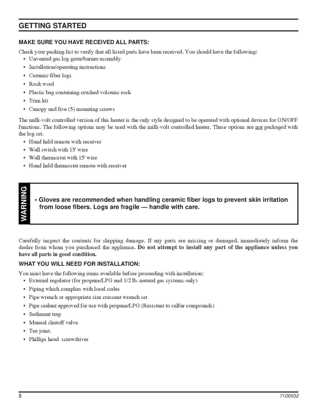 Monessen Hearth DFS32NVC manual Getting Started, Make Sure YOU have Received ALL Parts, What YOU will Need for Installation 