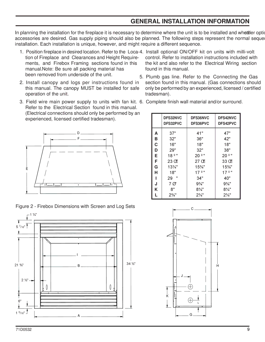 Monessen Hearth DFS32PVC, DFS36NVC, DFS42NVC General Installation Information, Firebox Dimensions with Screen and Log Sets 