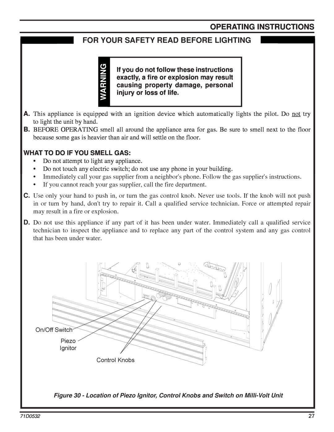 Monessen Hearth DFS32PVC manual Operating Instructions, For Your Safety Read Before Lighting, What To Do If You Smell Gas 