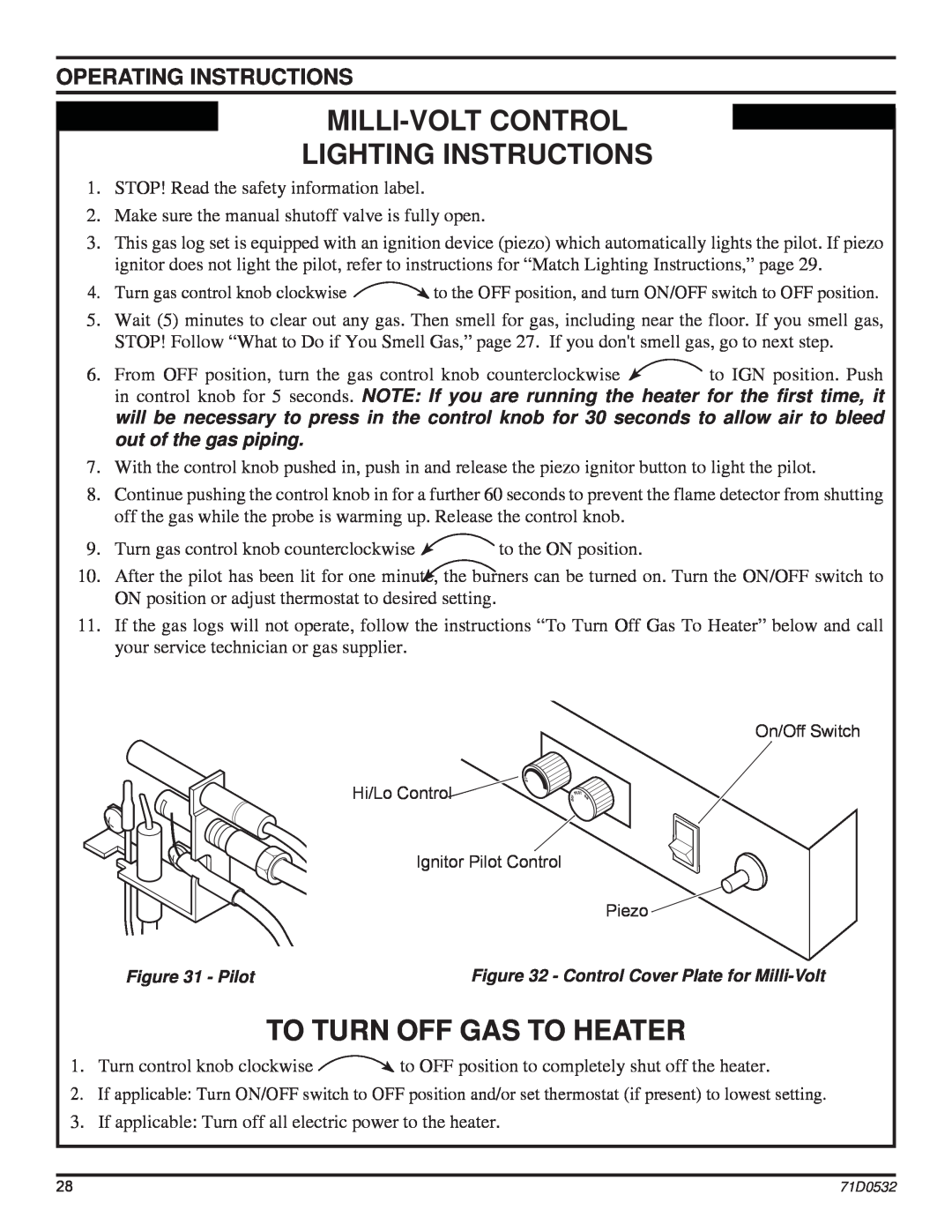 Monessen Hearth DFS42PVC manual Milli-Voltcontrol Lighting Instructions, To Turn Off Gas To Heater, Operating Instructions 