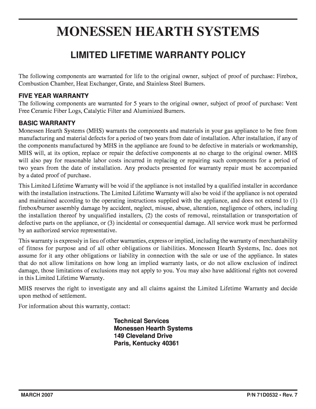 Monessen Hearth DFS32NVC Limited Lifetime Warranty Policy, Five Year Warranty, Basic Warranty, Monessen Hearth Systems 