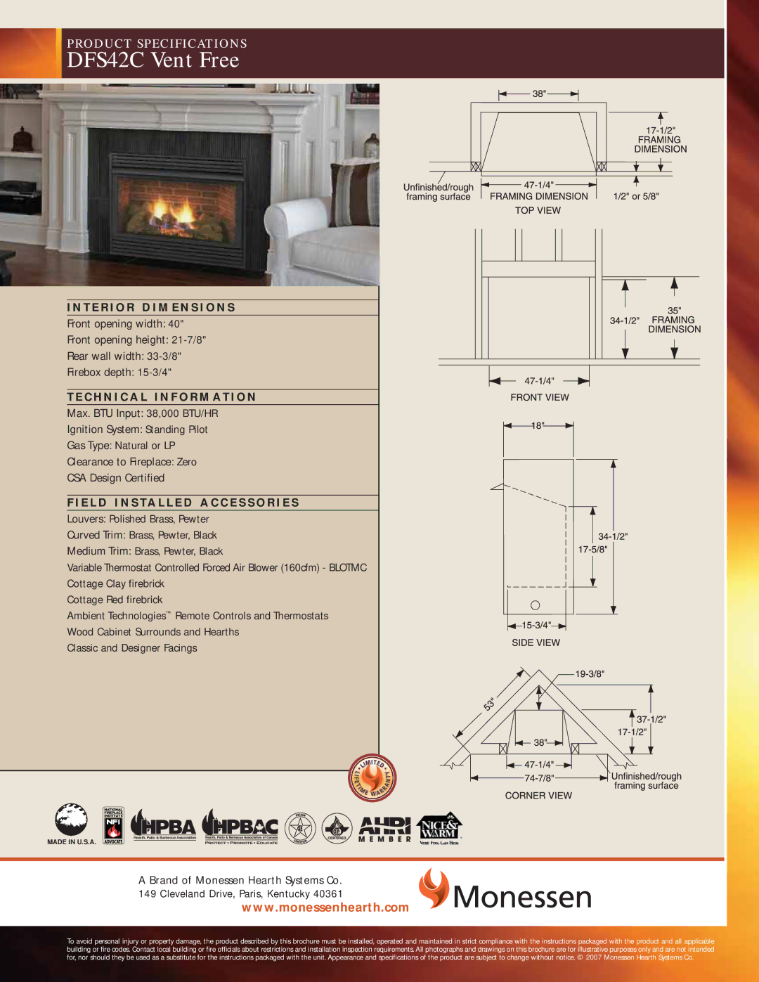 Monessen Hearth specifications DFS42C Vent Free, Classic and Designer Facings 