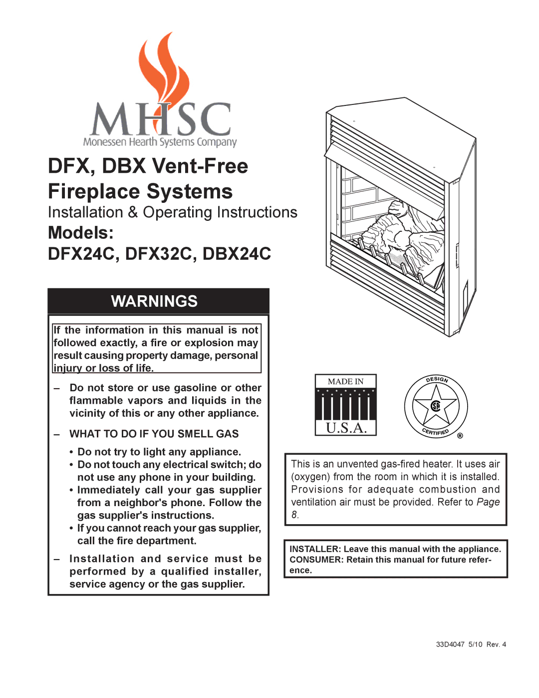 Monessen Hearth DFX24C operating instructions What to do if YOU Smell GAS, Do not try to light any appliance 