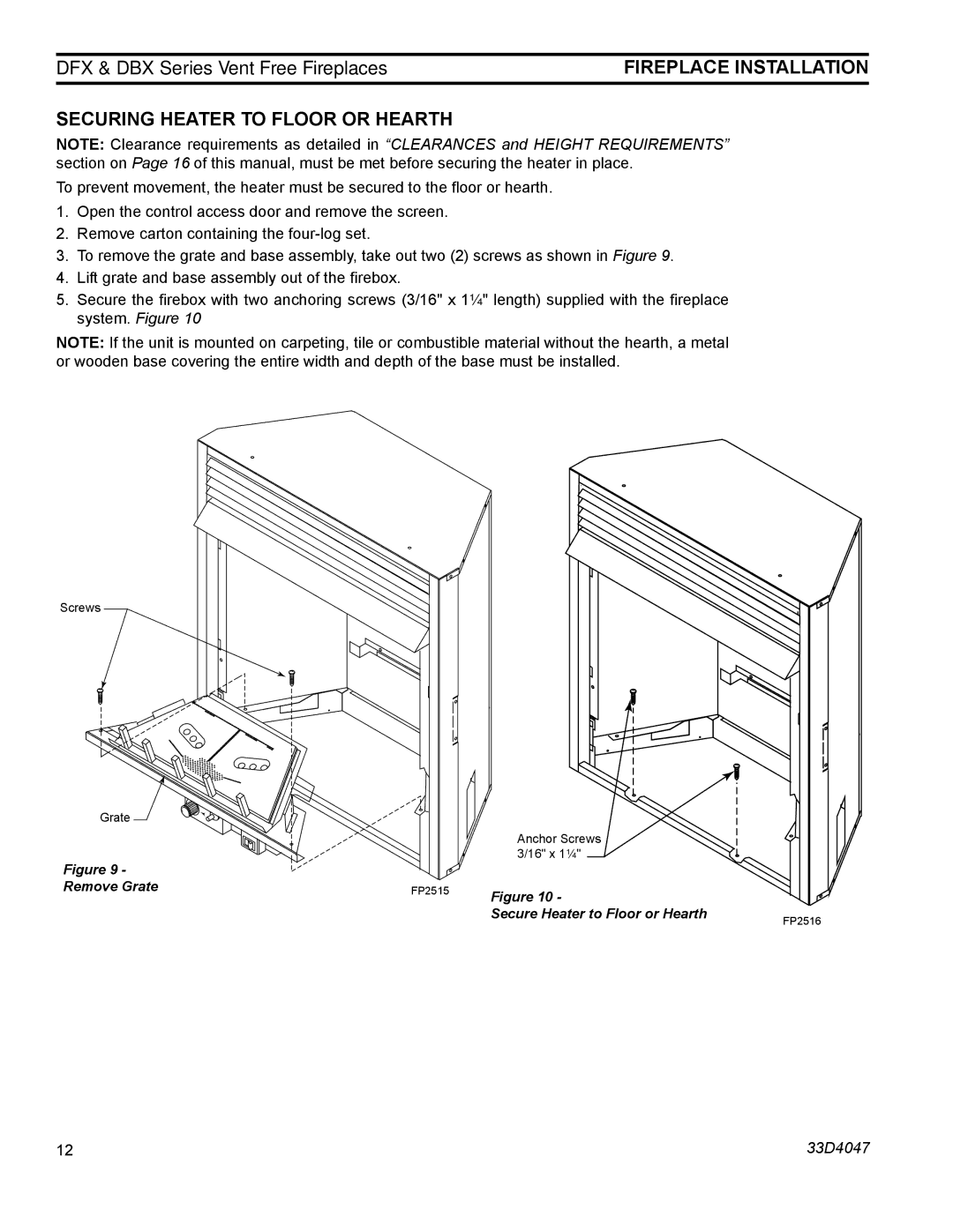 Monessen Hearth DFX24C operating instructions Securing Heater to Floor or Hearth, Remove Grate 