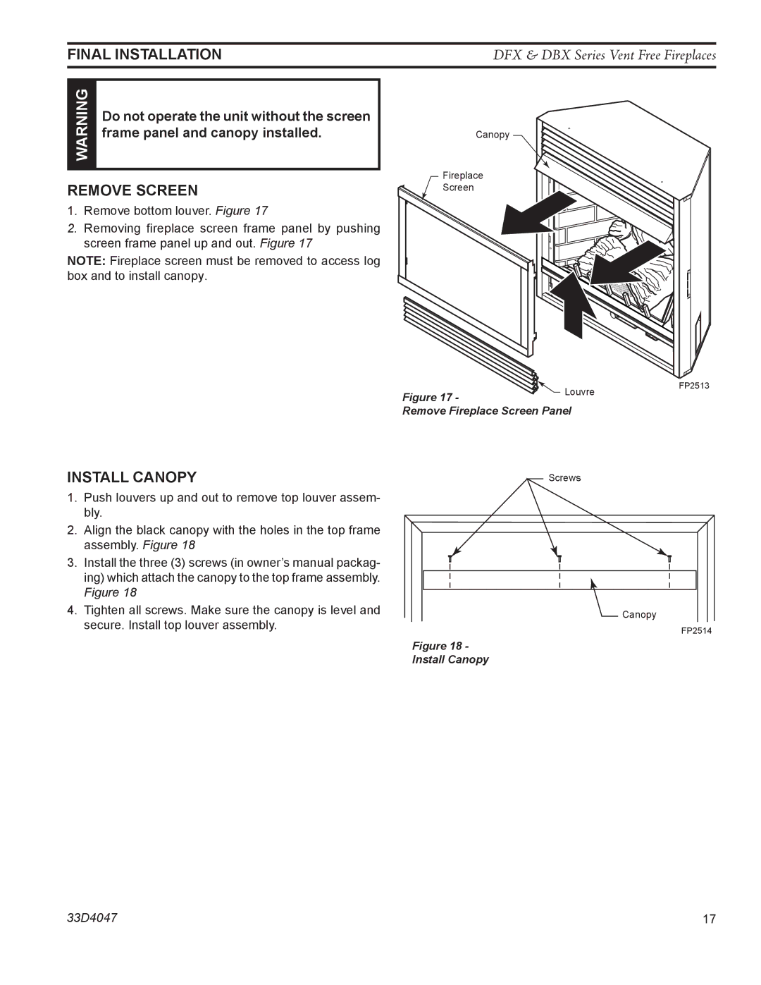 Monessen Hearth DFX24C operating instructions Final Installation, Remove Screen, Install Canopy 