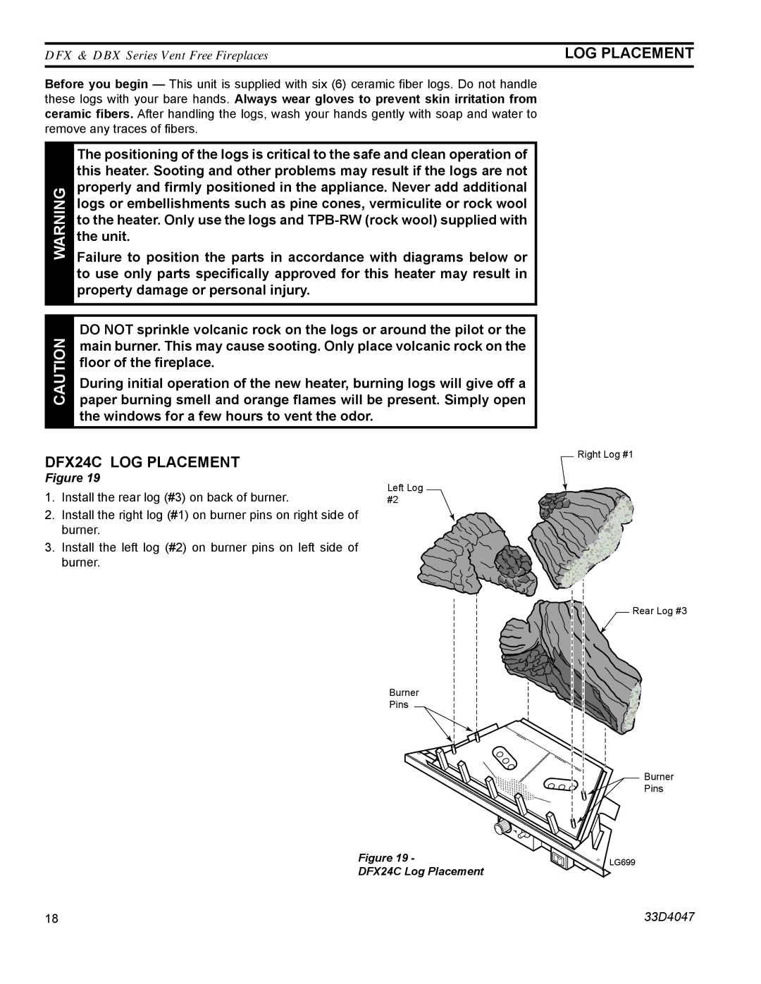 Monessen Hearth operating instructions LOG Placement, DFX24C log placement 