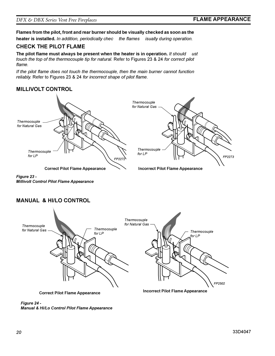 Monessen Hearth DFX24C operating instructions Check the pilot flame, Manual & HI/LO Control 