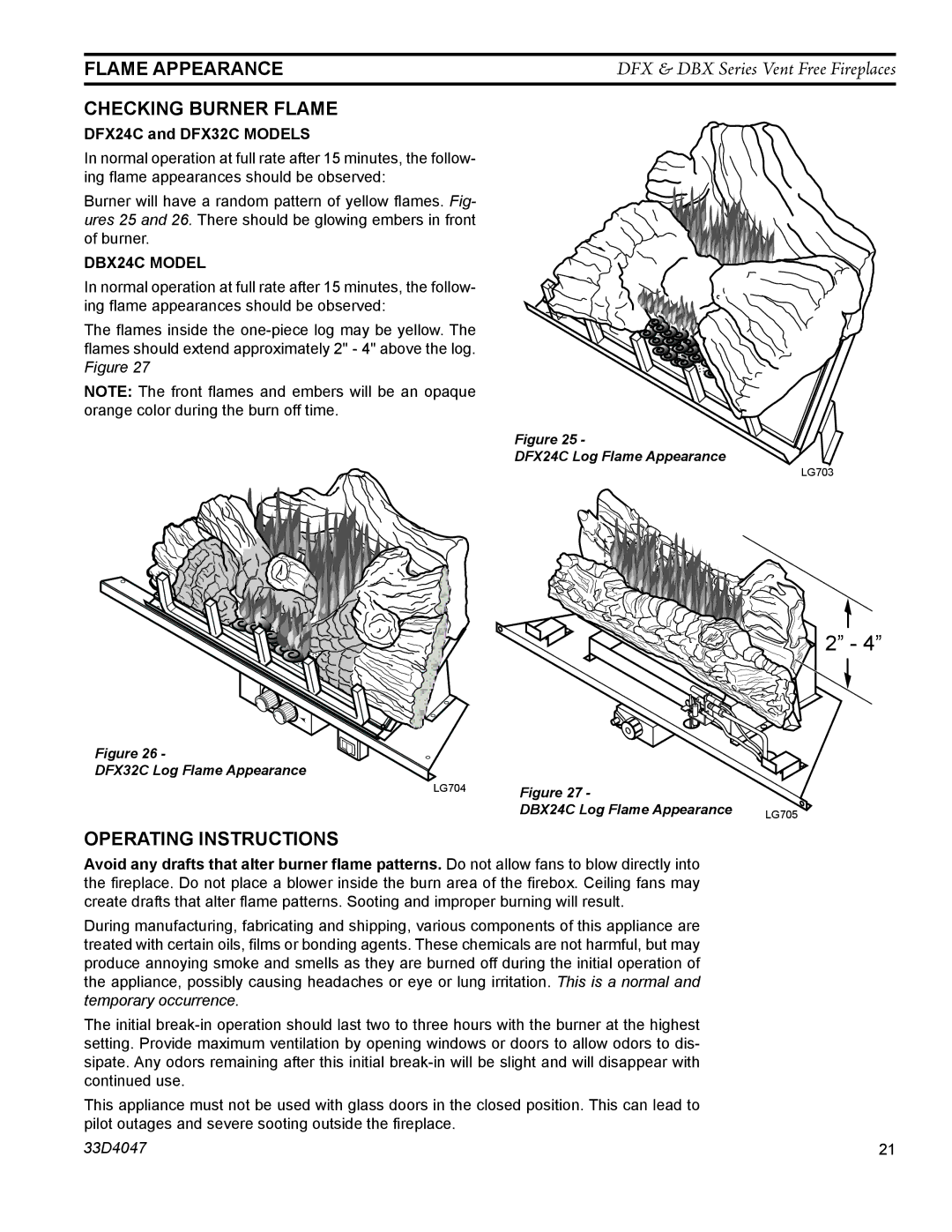 Monessen Hearth DFX24C operating instructions Flame Appearance, Checking burner flame, Operating Instructions 