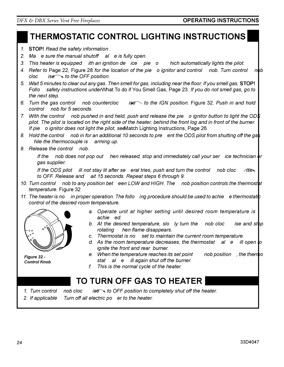 Monessen Hearth DFX24C operating instructions ThermostatIC control lighting instructions 