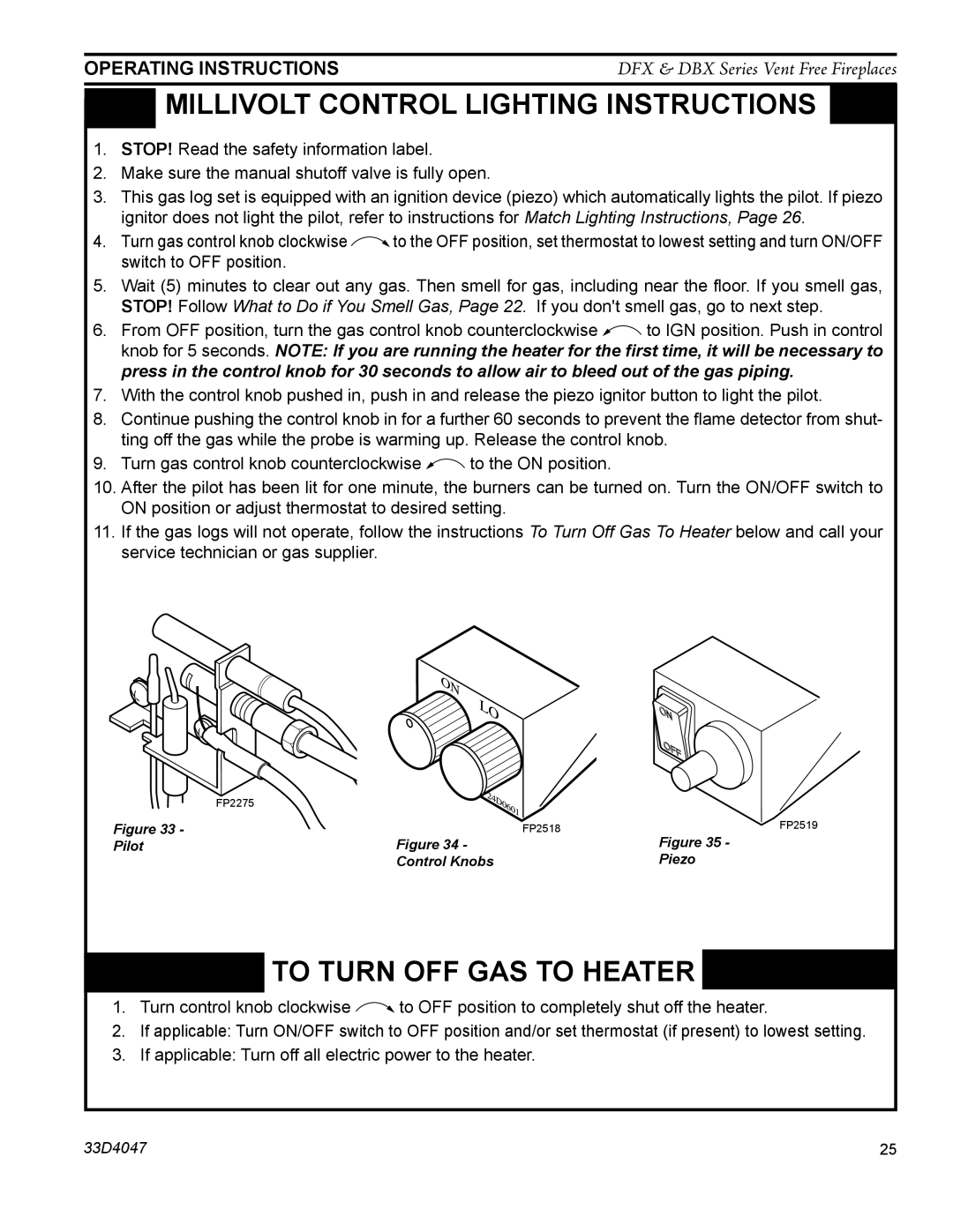 Monessen Hearth DFX24C operating instructions Millivolt control lighting instructions 