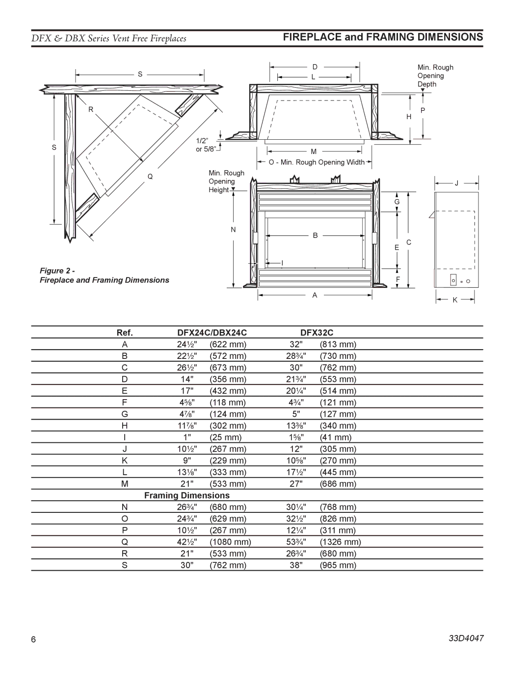 Monessen Hearth operating instructions Fireplace and Framing Dimensions, DFX24C/DBX24C DFX32C 