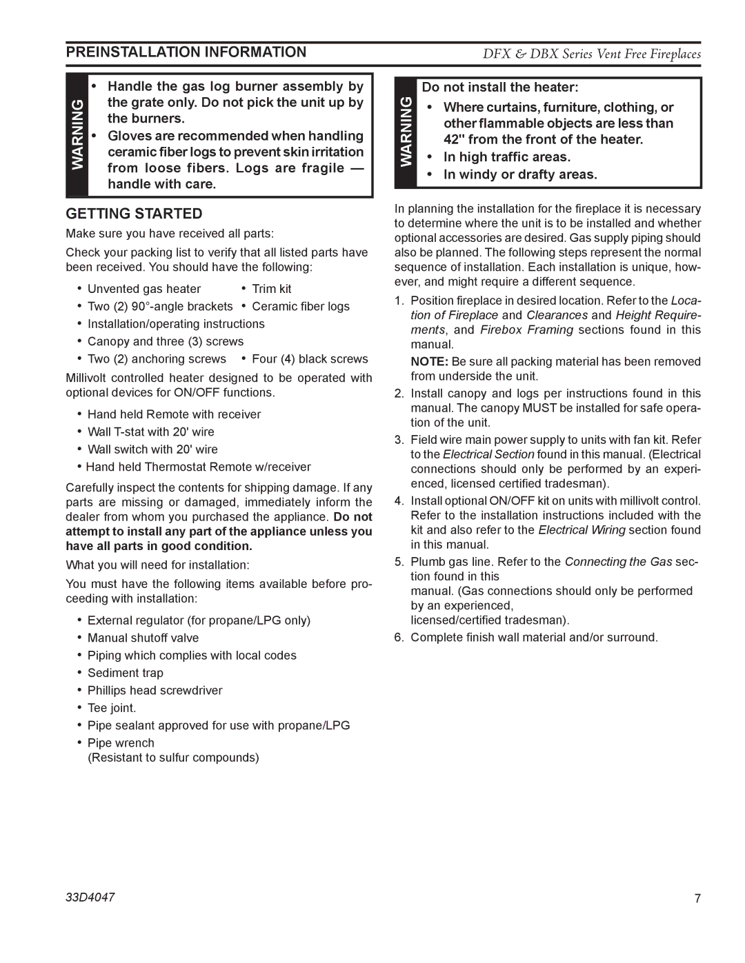 Monessen Hearth DFX24C operating instructions Preinstallation information, Getting Started 