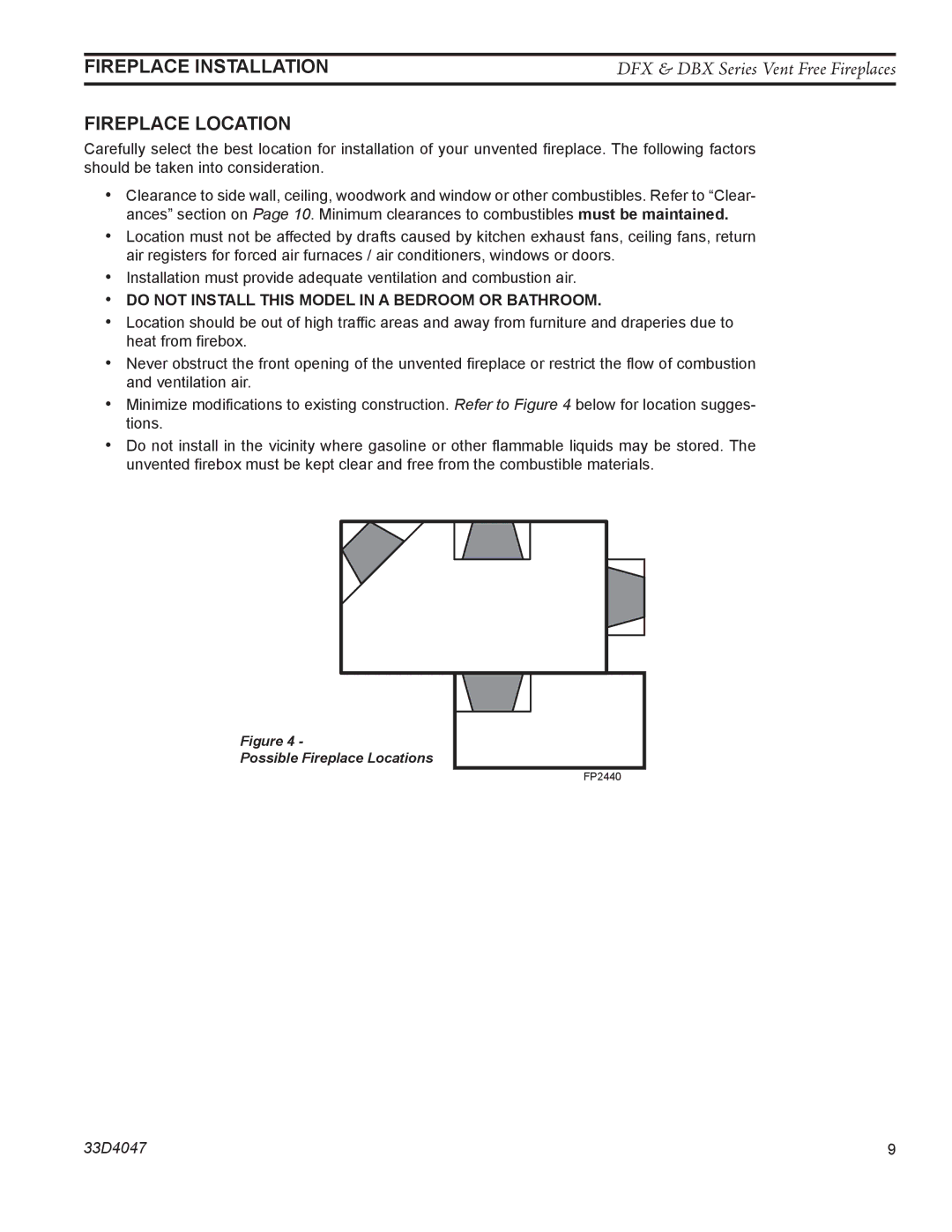 Monessen Hearth DFX24C Fireplace Installation, Fireplace Location, Do not Install this Model in a Bedroom or Bathroom 