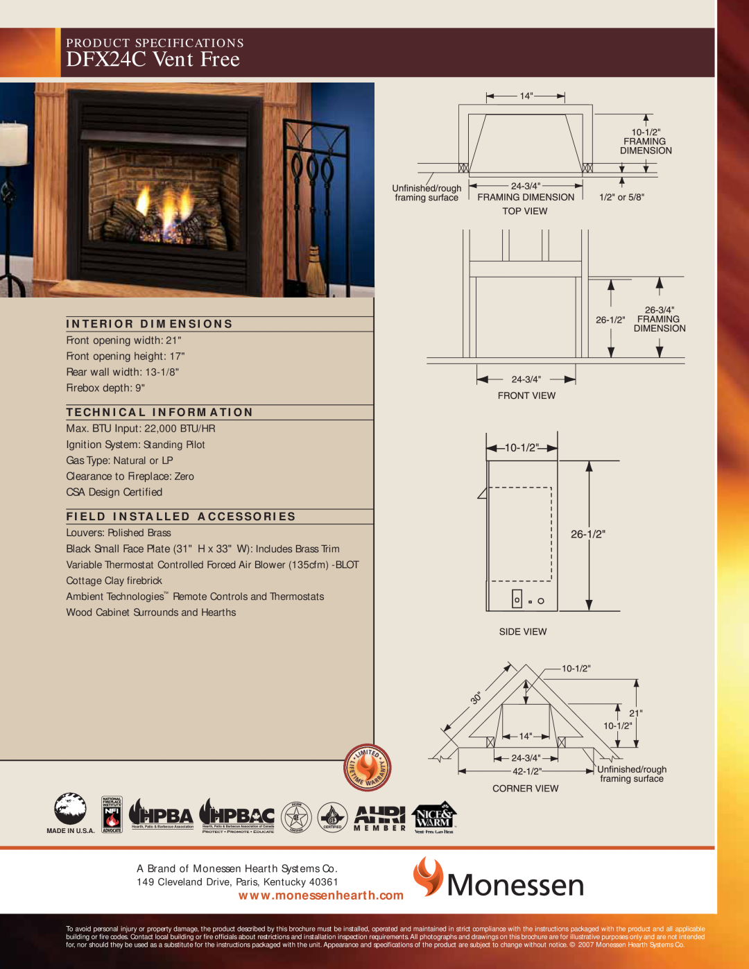 Monessen Hearth specifications DFX24C Vent Free, Product Specifications, Front opening width Front opening height 