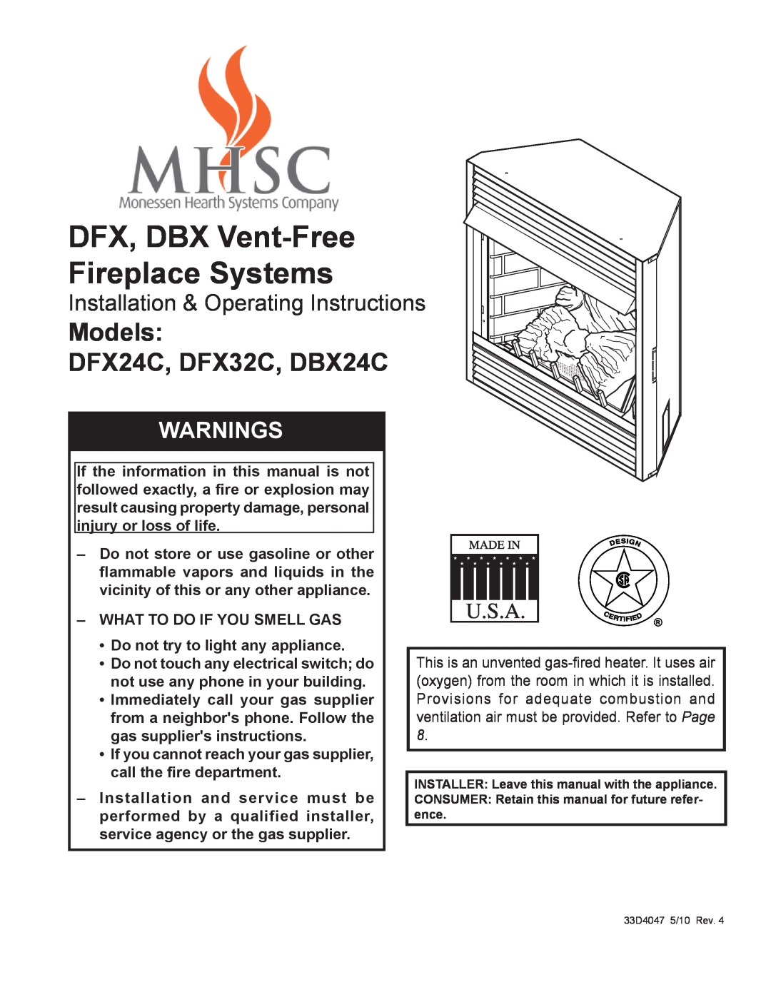 Monessen Hearth operating instructions DFX, DBX Vent-FreeFireplace Systems, Models DFX24C, DFX32C, DBX24C, Warnings 