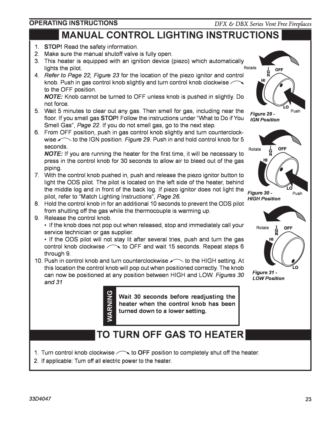 Monessen Hearth DFX24C MANUAL control lighting instructions, To Turn Off Gas To Heater, Operating Instructions 