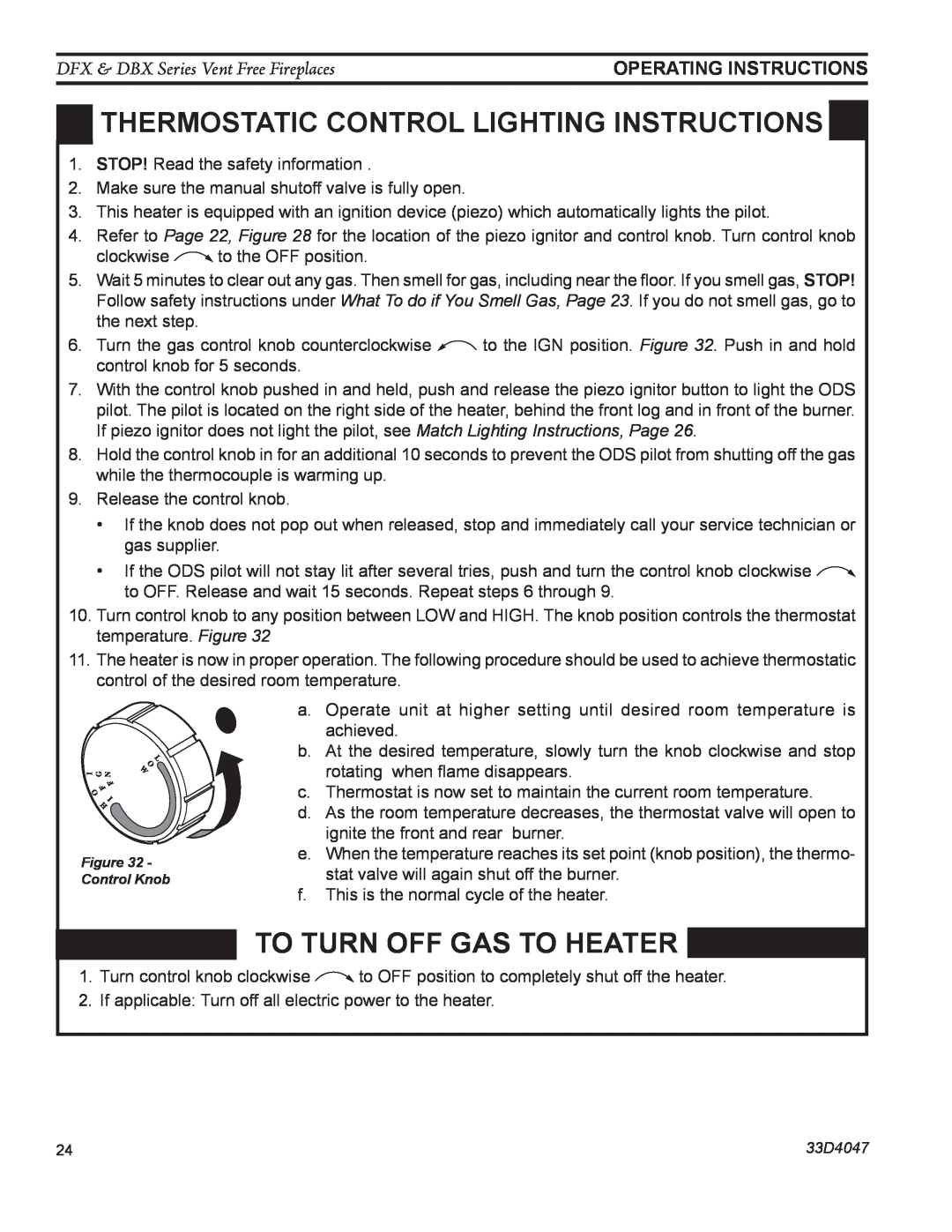 Monessen Hearth DFX24C thermostatIC control lighting instructions, To Turn Off Gas To Heater, Operating Instructions 