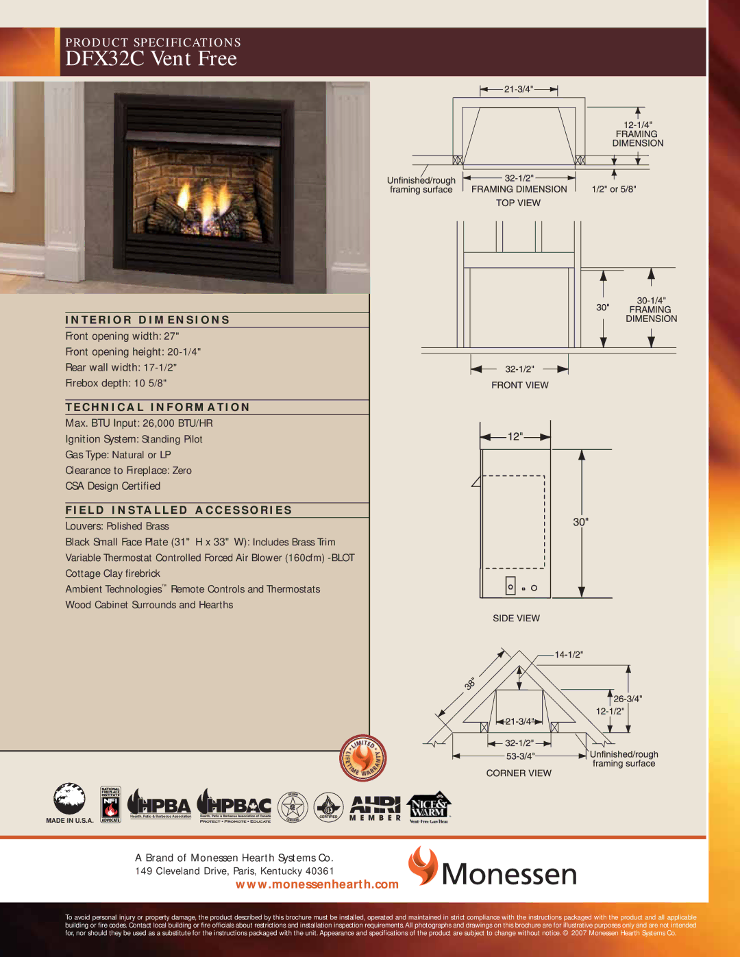 Monessen Hearth specifications DFX32C Vent Free 