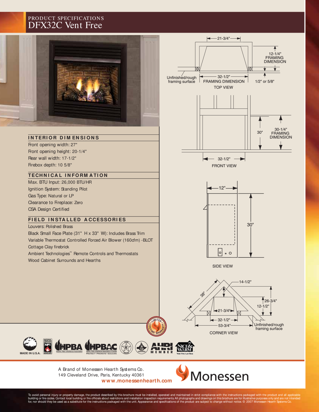 Monessen Hearth specifications DFX32C Vent Free, Product Specifications, Rear wall width 17-1/2 Firebox depth 10 5/8 