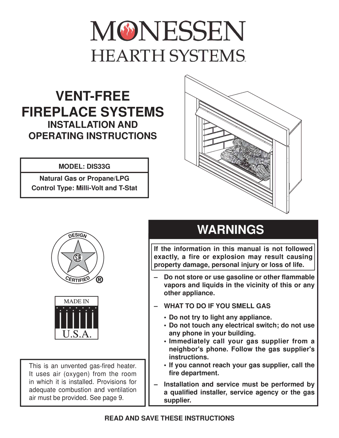 Monessen Hearth manual Model DIS33G, What to do if YOU Smell GAS, Read and Save These Instructions 