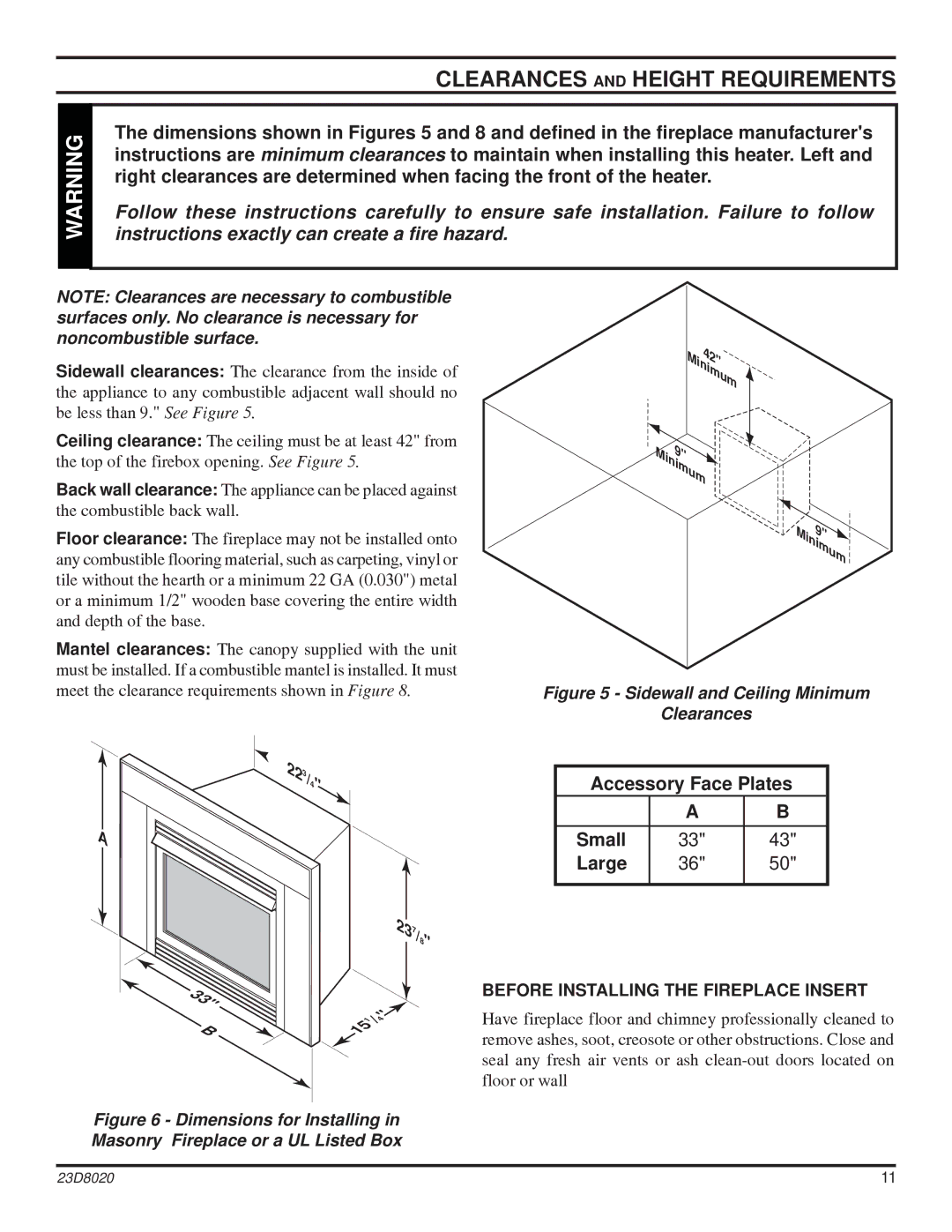 Monessen Hearth DIS33G manual Clearances and Height Requirements, Before Installing the Fireplace Insert 