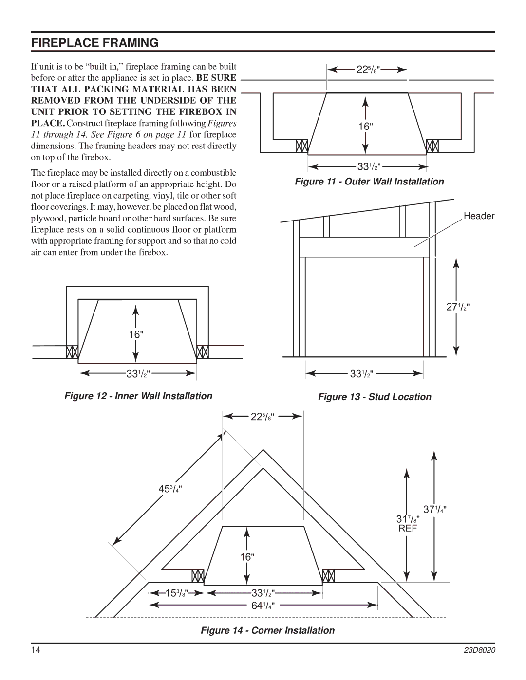 Monessen Hearth DIS33G manual Fireplace Framing, Outer Wall Installation 