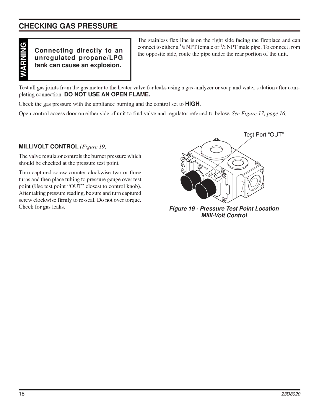 Monessen Hearth DIS33G manual Checking GAS Pressure, Millivolt Control Figure 