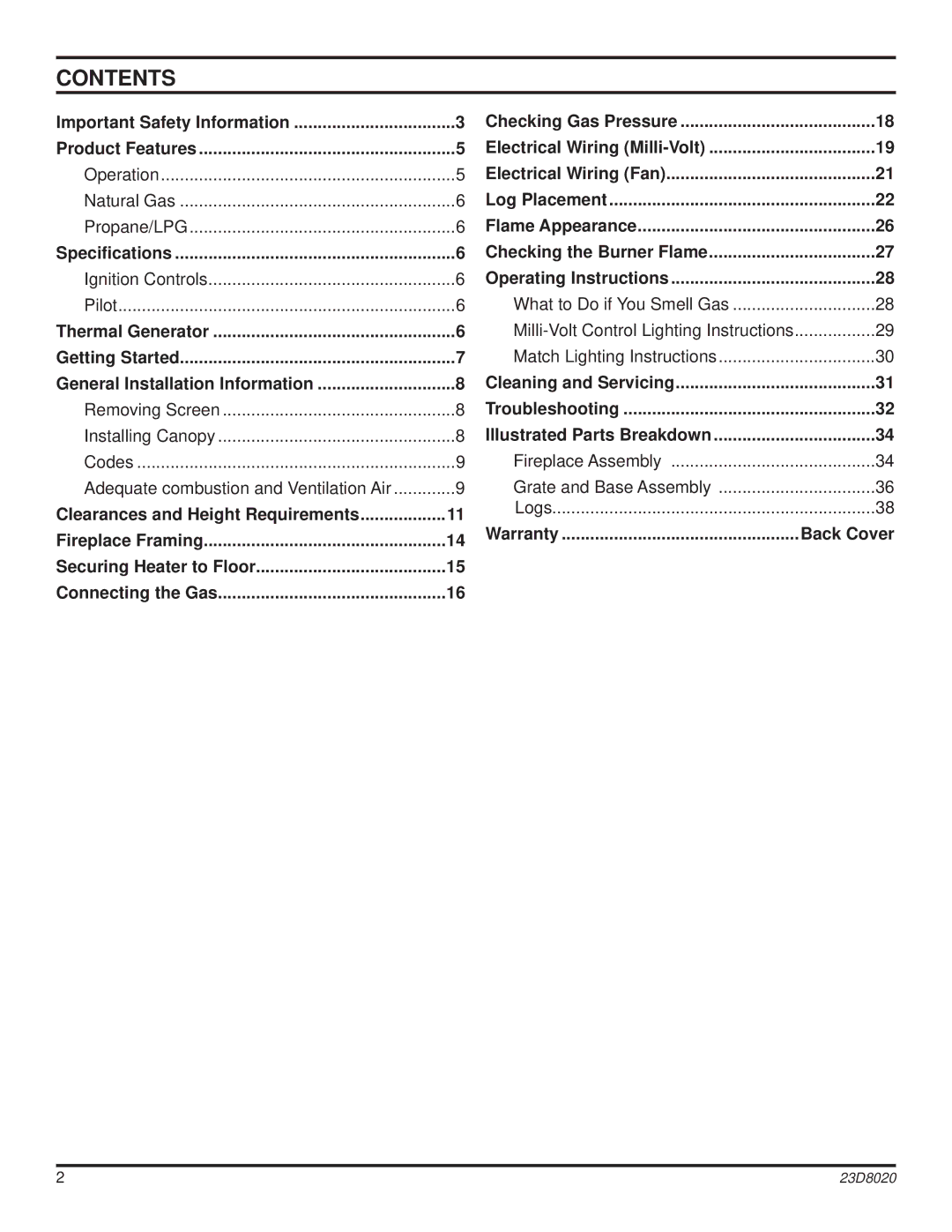 Monessen Hearth DIS33G manual Contents 