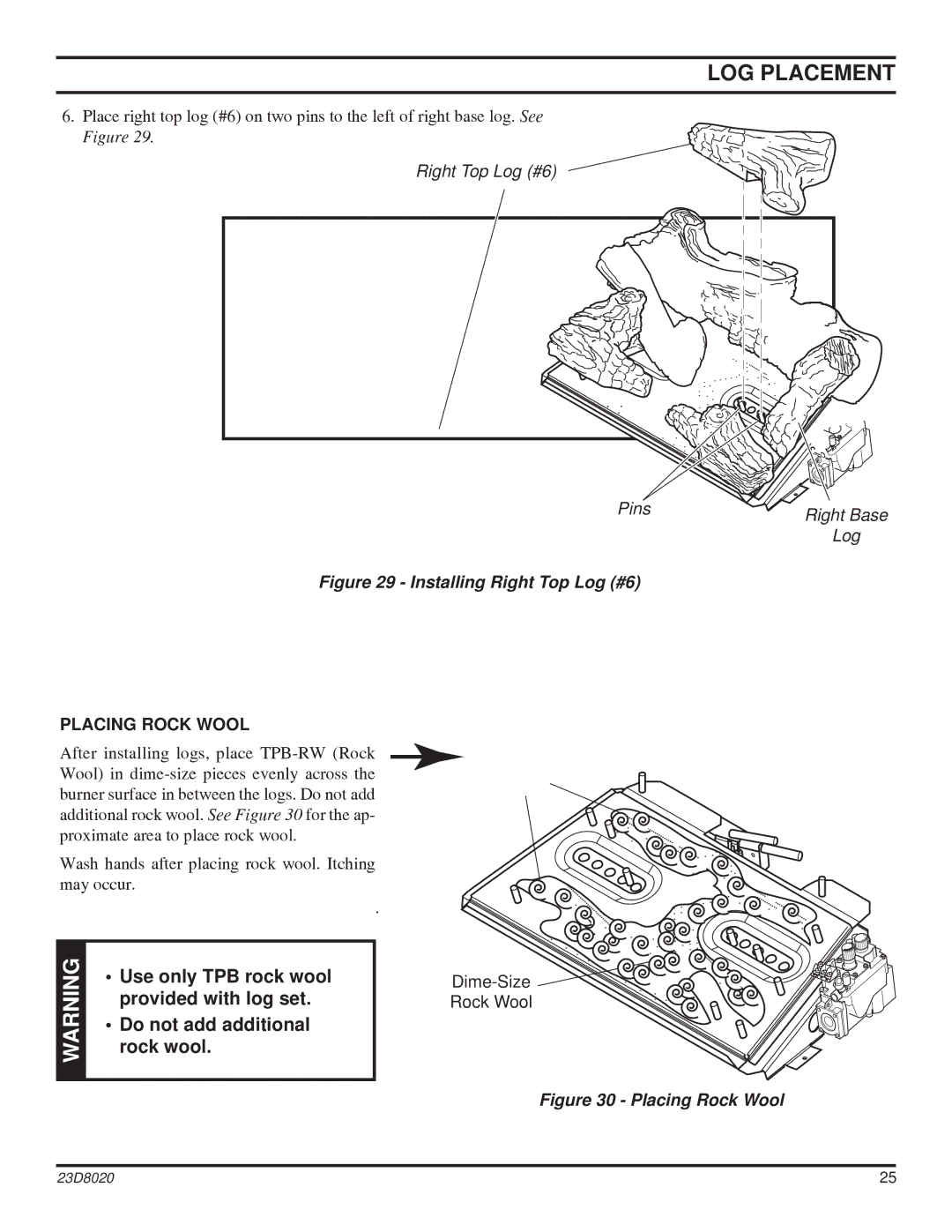 Monessen Hearth DIS33G manual Installing Right Top Log #6, Placing Rock Wool 