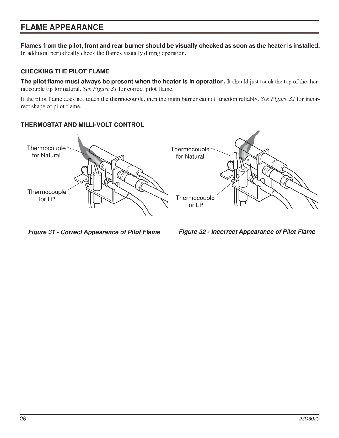 Monessen Hearth DIS33G manual Flame Appearance, Checking the Pilot Flame, Thermostat and MILLI-VOLT Control 