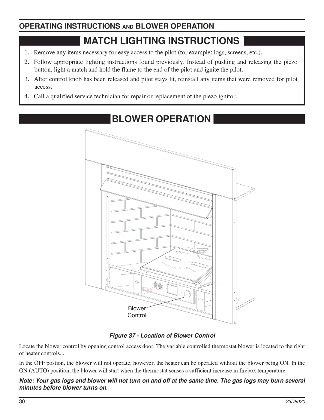 Monessen Hearth DIS33G manual Match Lighting Instructions, Operating Instructions and Blower Operation 