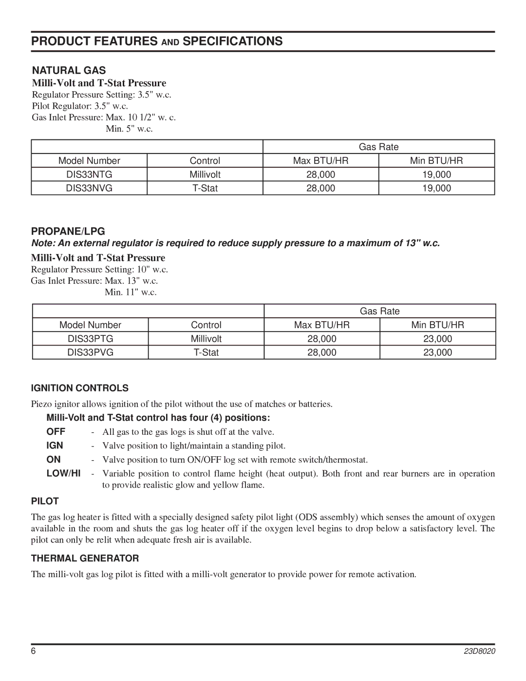Monessen Hearth DIS33G manual Product Features and Specifications, Natural GAS, Propane/Lpg 
