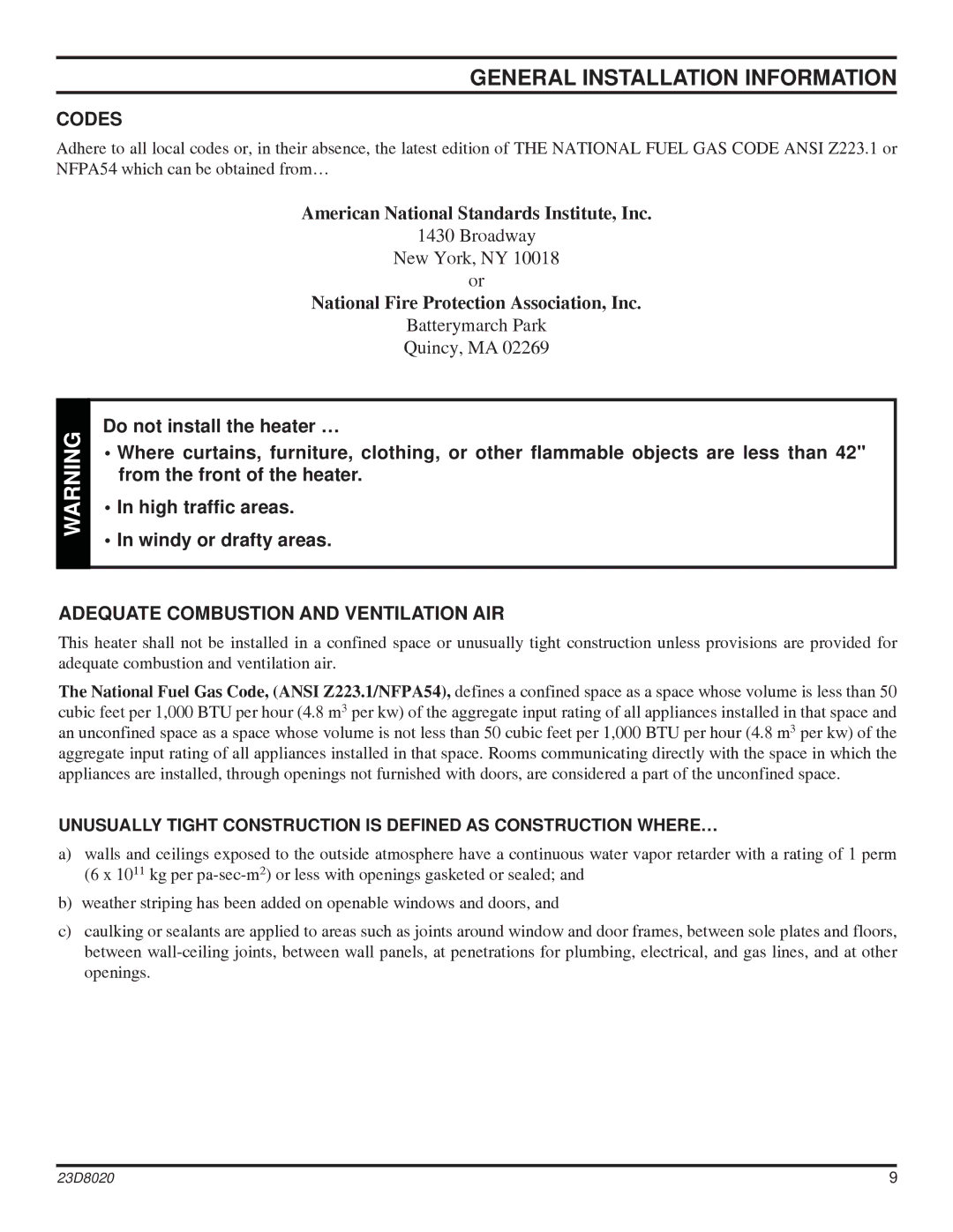 Monessen Hearth DIS33G manual Codes, Adequate Combustion and Ventilation AIR 