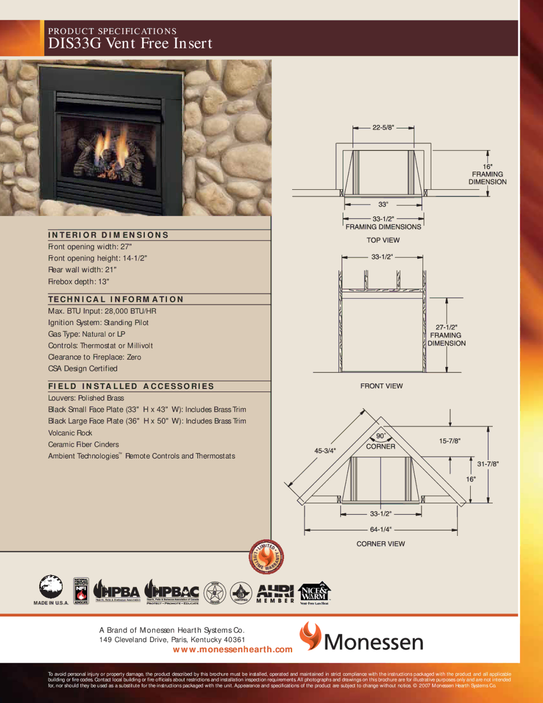 Monessen Hearth specifications DIS33G Vent Free Insert 