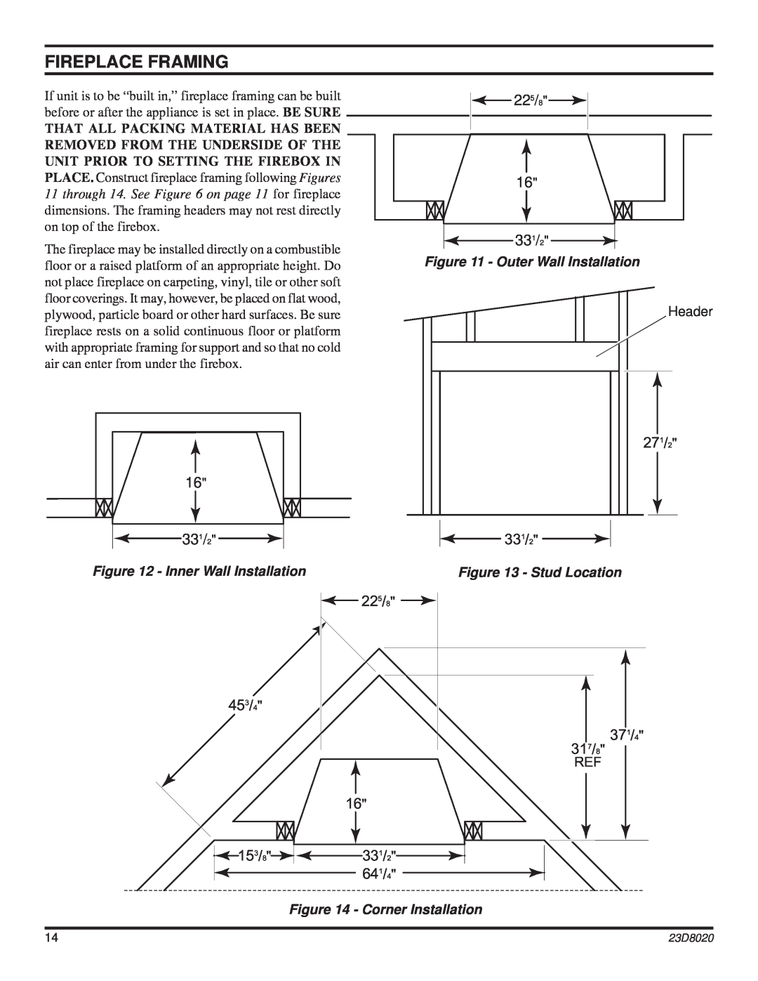 Monessen Hearth DIS33G manual Fireplace Framing, 271/2 331/2, 453/4 153/8, 225/8 16 331/2 641/4, 371/4 317/8, Header 