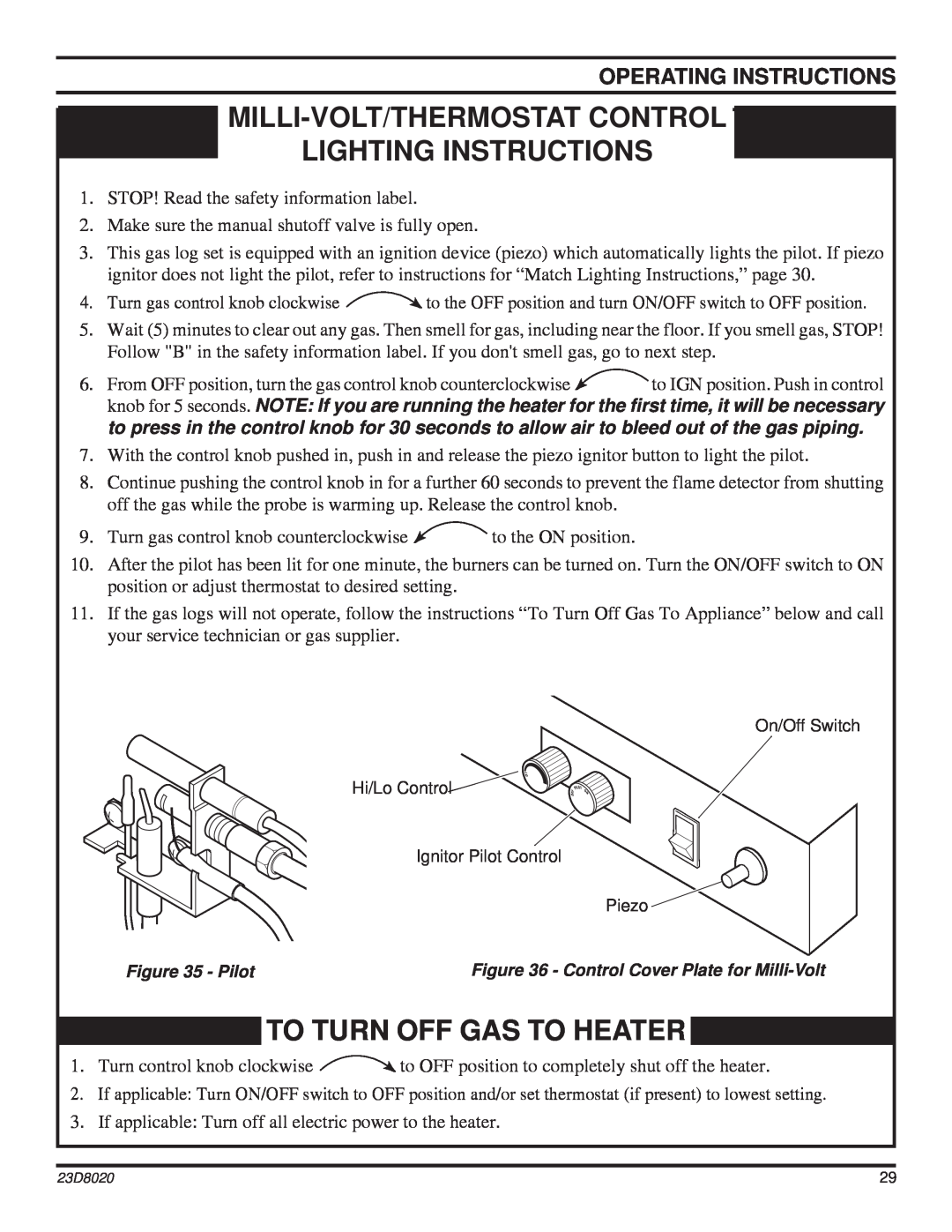 Monessen Hearth DIS33G manual Milli-Volt/Thermostatcontrol, Lighting Instructions, To Turn Off Gas To Heater 