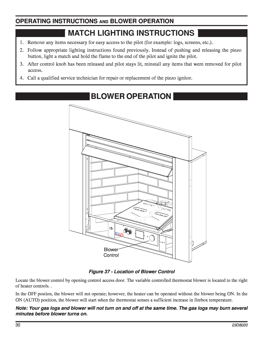 Monessen Hearth DIS33G manual Match Lighting Instructions, Operating Instructions And Blower Operation 