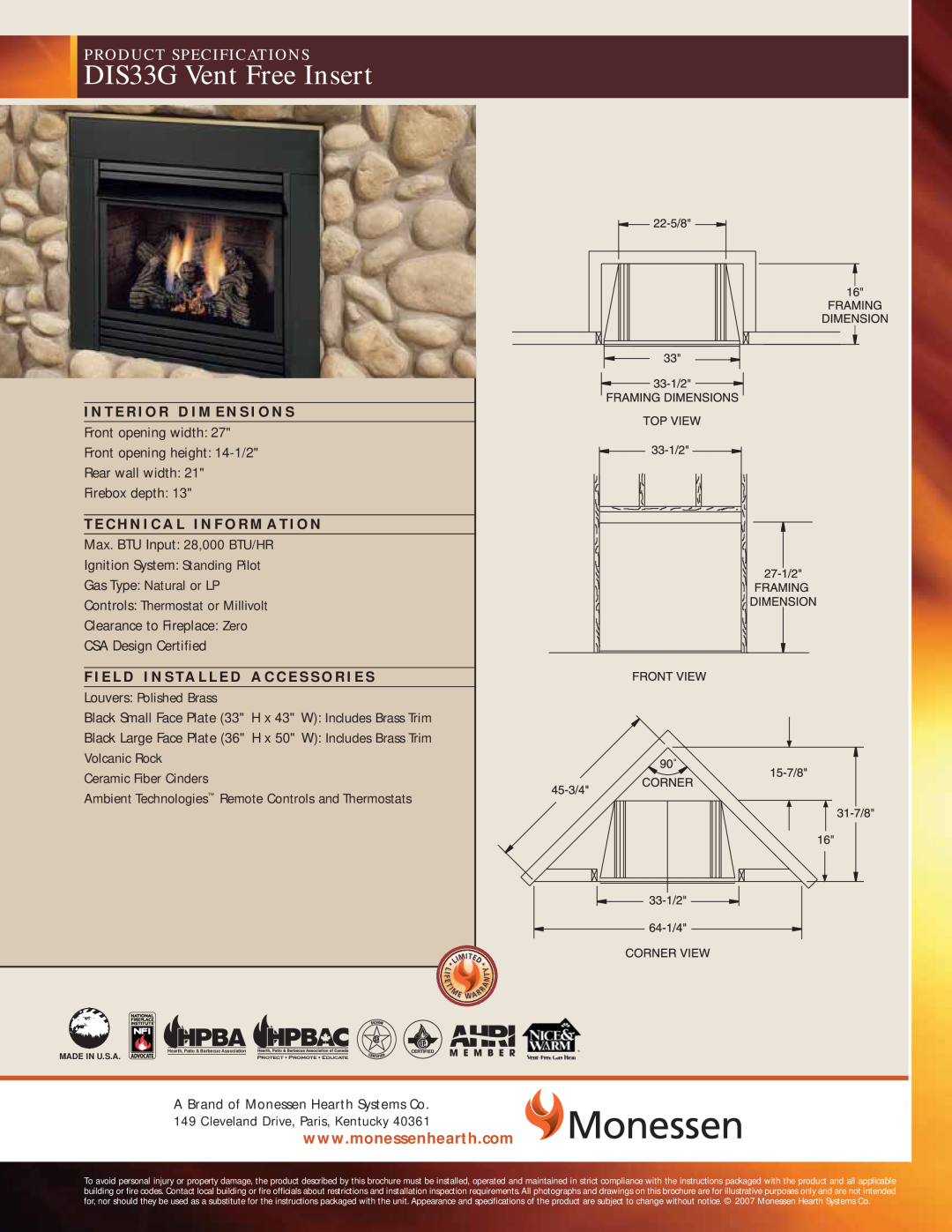 Monessen Hearth specifications DIS33G Vent Free Insert, Product Specifications 