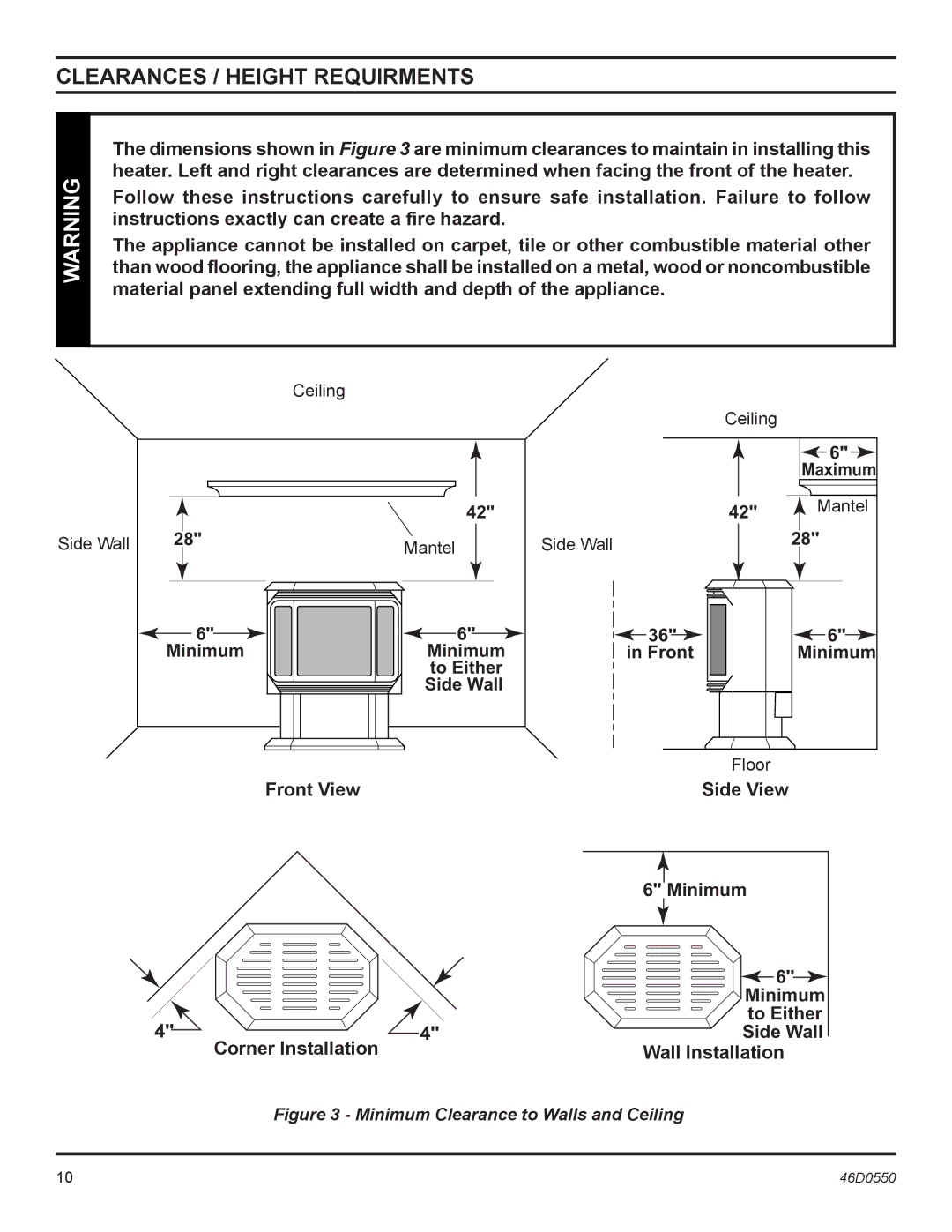 Monessen Hearth DSSNVMB, DSSPVMB operating instructions Clearances / Height Requirments, Ceiling Mantel Side Wall Floor 