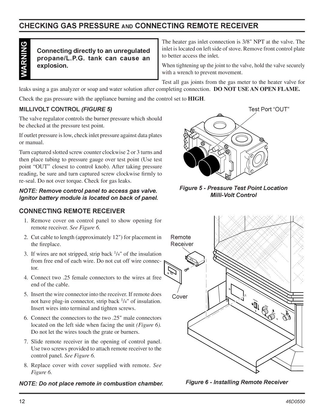 Monessen Hearth DSSNVMB, DSSPVMB Checking GAS Pressure and Connecting Remote Receiver, Millivolt Control Figure 