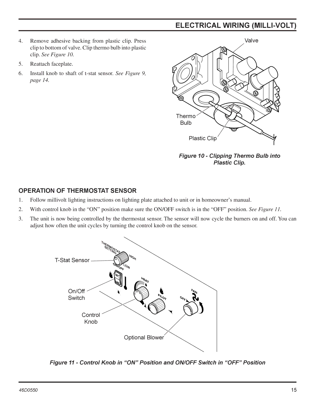 Monessen Hearth DSSPVMB, DSSNVMB operating instructions Operation of Thermostat Sensor, Plastic Clip 