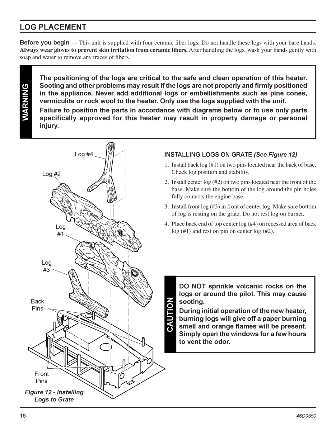 Monessen Hearth DSSNVMB, DSSPVMB operating instructions LOG Placement, Log #4 Log #2 Back Pins Front 