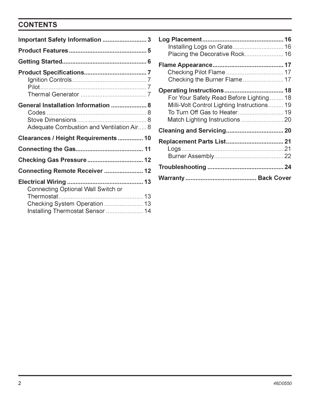 Monessen Hearth DSSNVMB, DSSPVMB operating instructions Contents 