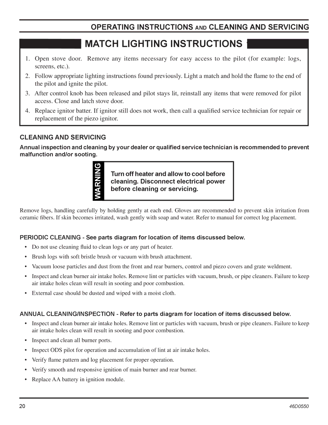 Monessen Hearth DSSNVMB, DSSPVMB operating instructions Operating Instructions and Cleaning and Servicing 