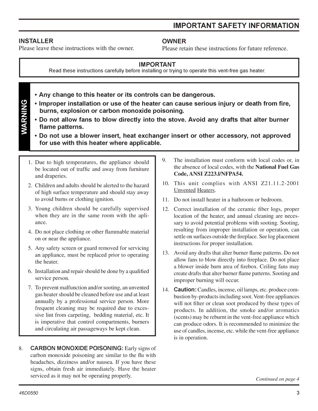 Monessen Hearth DSSPVMB, DSSNVMB operating instructions Important Safety Information, Installer, Owner 