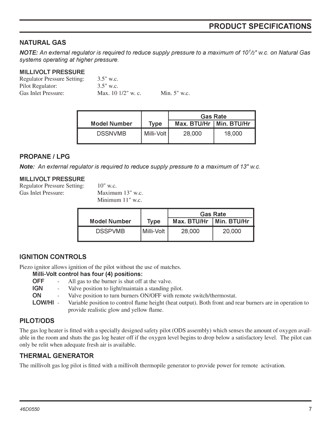 Monessen Hearth DSSPVMB, DSSNVMB operating instructions Product Specifications 