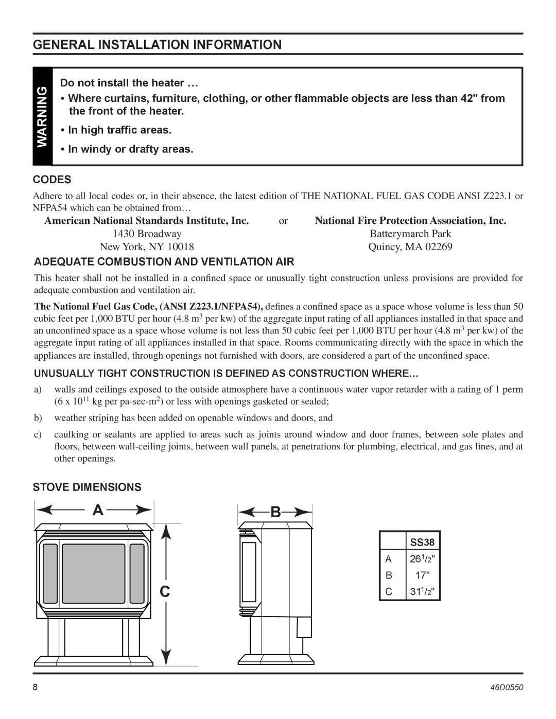 Monessen Hearth DSSNVMB General Installation Information, Codes, Adequate Combustion and Ventilation AIR, Stove Dimensions 