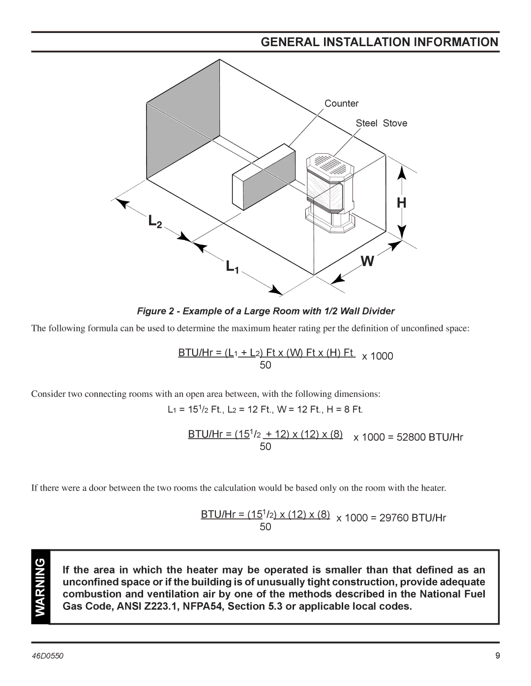 Monessen Hearth DSSPVMB, DSSNVMB Counter Steel Stove, L1 = 151/2 Ft., L2 = 12 Ft., W = 12 Ft., H = 8 Ft 